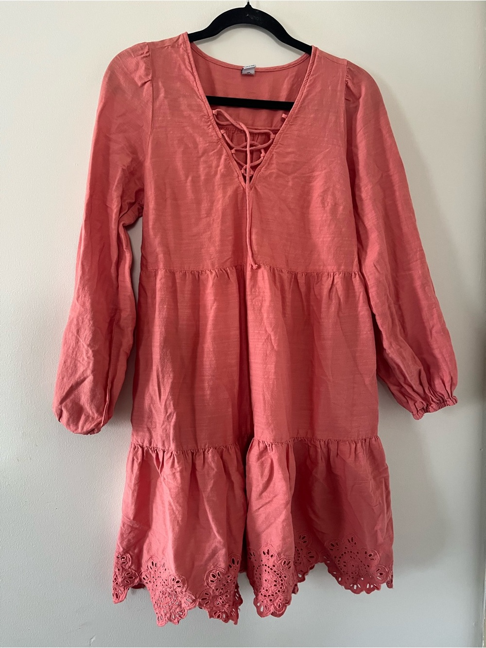 Old Navy Coral Pink Peasant Long Sleeve Mini Dress Small Eyelet Cottagecore